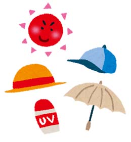 太陽や日焼け止め、帽子や日傘のイラスト